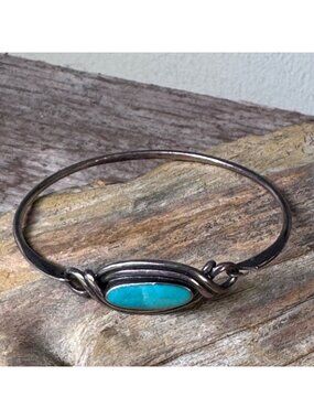 Vintage Sterling Silver 925 Turquoise Oval Cabochon Bangle Bracelet 6.5